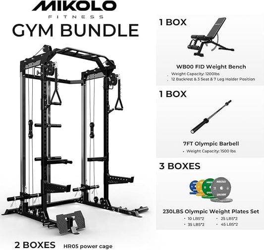 Mikolo Power Cage, 2000LB Power Rack with Independent Dual Pulley System, Multi-Function Home Gym Workout Machine for Cable Crossover