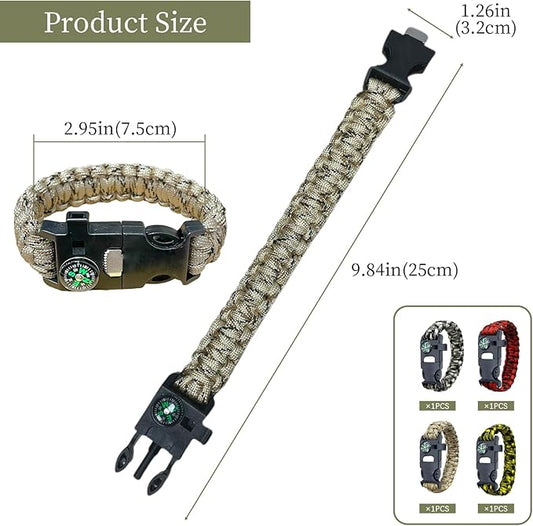 Survival Bracelets 4-Pack | 5-in-1 Paracord Bracelet Set with Fire Starter, Compass & Whistle | Emergency Outdoor Gear for Camping, Hiking
