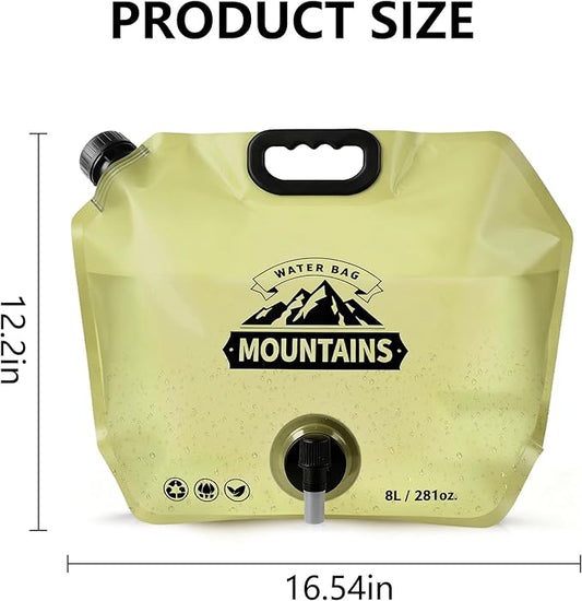Collapsible 8L Water Storage Bag, BPA-Free Portable Folding Water Jug with Adjustable Faucet, Leakproof Emergency Water Bag for Camping, Hiking, Riding, Outdoor Sport (2, Beige & Green)