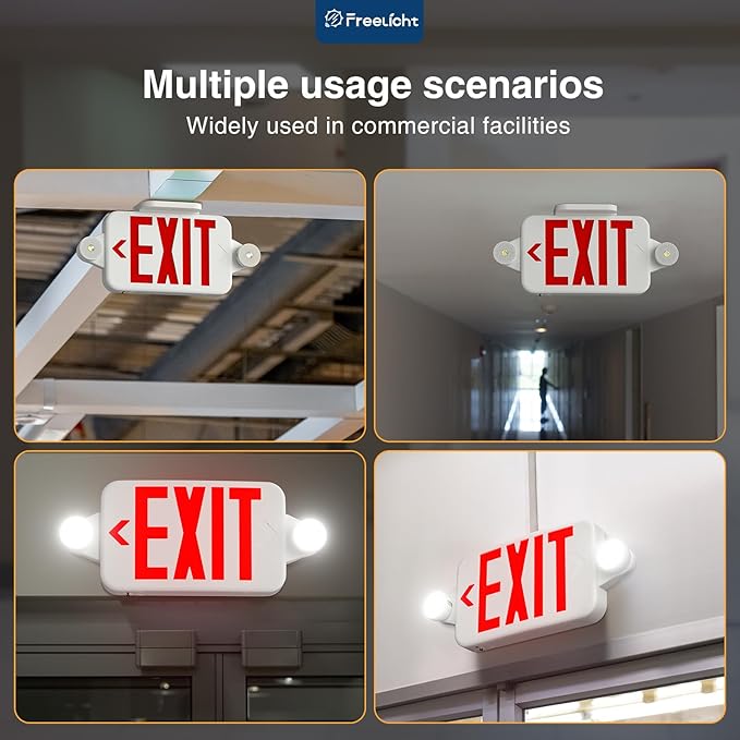 FREELICHT 4 Pack Red Exit Sign with Emergency Lights, Two LED Adjustable Head Emergency Light with Battery, Hard Wired, Exit Sign for Business