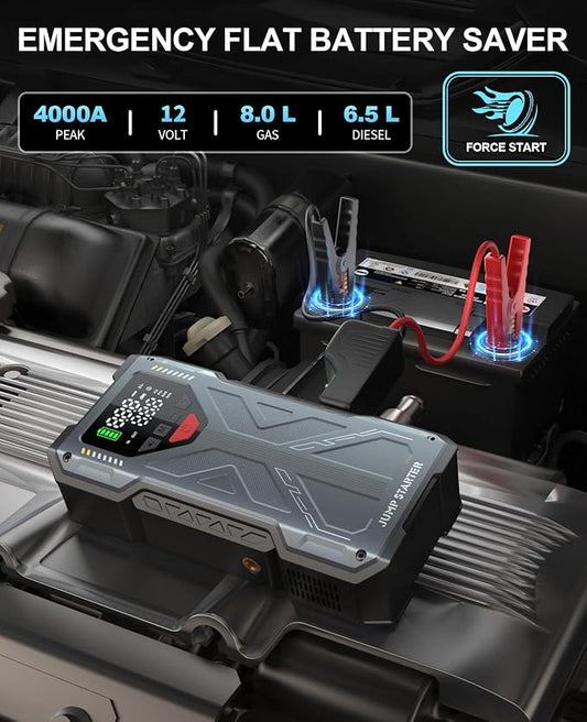 Jump Starter with Air Compressor, 4000A Car Jumper Starter Portable & 12V Car Battery Charger Jump Starter Power Pack Combo 150PSI Tire Inflator Air Pump, Jumper Box for 8.0L Gas/6.5L Diesel, QC3.0