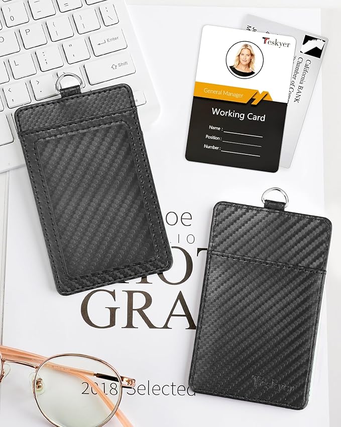 Teskyer Badge Holder with Lanyard, Leather ID Name Badge Card Holder with Lanyard for ID Badges, Vertical, Carbon Fiber Black