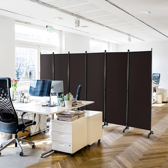 Giantex 6 Panel Room Divider, 132''W x 68''H Large Folding Privacy Screen, Rolling Partition Room Dividers for Home Office Studio Separation, Freestanding Fabric Wall Divider Screen on Wheels, Brown