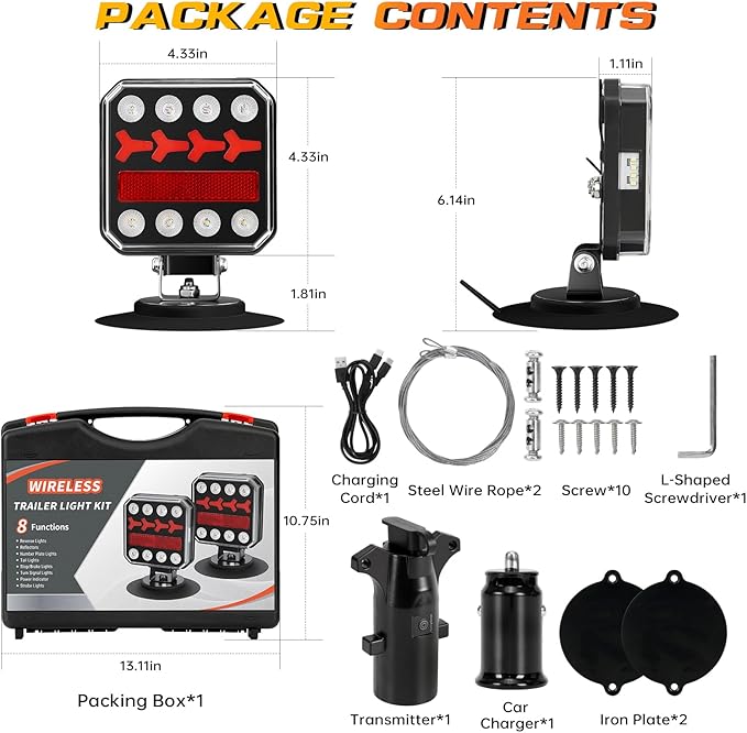 Wireless Trailer Lights, Rechargeable Magnetic LED Trailer Lights with Reverse Light, Portable Wireless Tow Tail Light Kit for Trucks, Boats, RVs, Campers, IP67 Waterproof