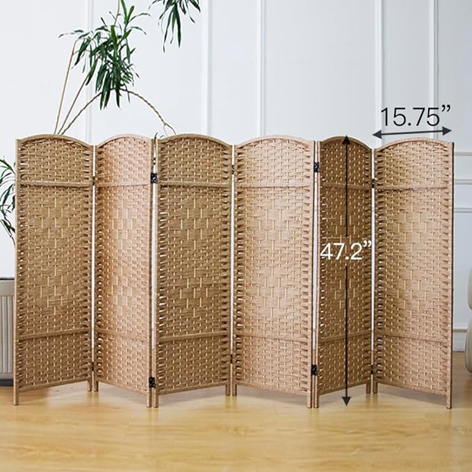 6 Panel Rattan Divider Short Room Partition Screen,Double Sided Folding Divider for Room Separation,Light Brown,47.2" H x 94.5" W