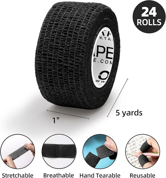 OK TAPE Self Adherent Cohesive Bandages Wrap - 24Packs, 1" x 5 Yards, Non-Woven Self Adhesive Bandage Wrap for Thumb, Finger, Wrist, Ankle, Vet Wrap Bandages Tape (Black)