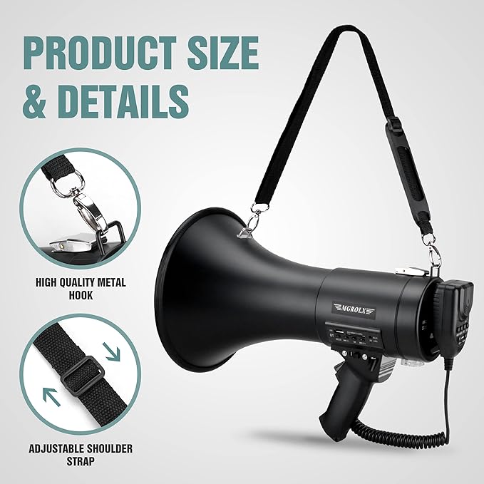 Bluetooth Megaphone Bullhorn, 50Watt Loud Speaker w/Rechargeable Battery, Built-in Siren and 260S Recording, USB/SD/AUX Input-for Outdoor, Police, Cheerleading(Matte Black)