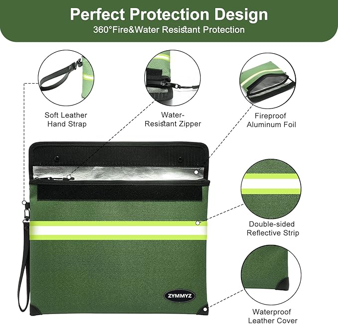 Fireproof Bag for Documents 6200°F Heat Insulated,Non-itchy Fire Proof Money Pouch with Water Resistant Zipper,Fireproof Water Proof Document Envelopes for Cash,Valuables
