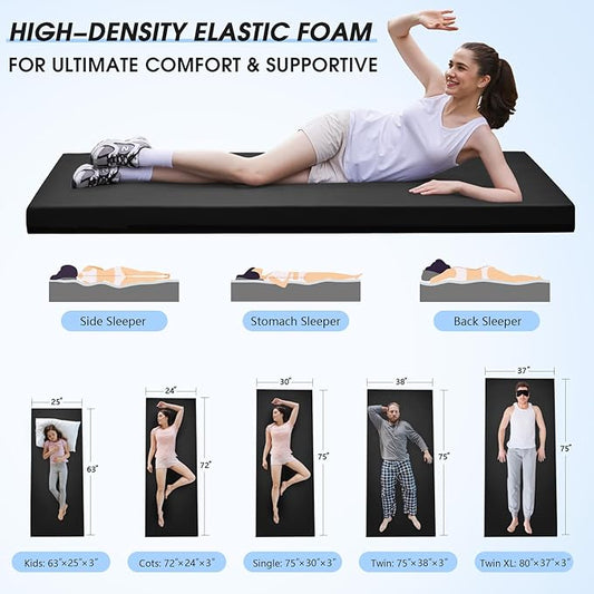 CYMULA Memory Foam Camping Mattress Pad,3inch Sleeping Pad for Camping,Non-Slip Bottom Floor Cot Car Mattress Bed with Retaining Portable Roll up Mattress Pad Mat for Travel Truck Guest Bed Tent