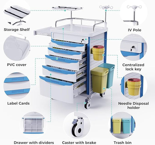 Medical Rolling Storage Crash Cart with Wheels - Adjustable IV Pole, Silent Casters, Needle Disposal Holder, Trash Bin, O2 Holder - Nursing Emergency Cart for Clinic, Hospital, Salon, Lab