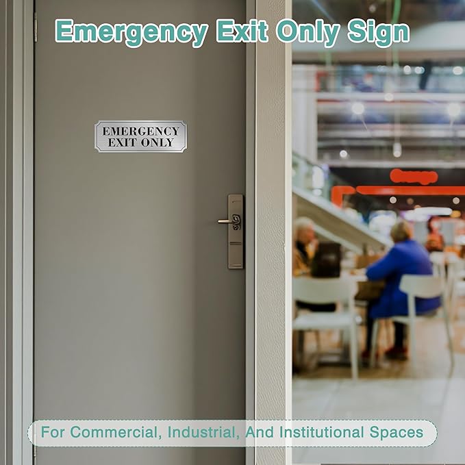 2PCS Emergency Exit Only Signs Sticker,Self Adhesive Water & Fade Resistant Black Silver Exit Only in Emergency Sign for Business, Schools, Offices, Storage Rooms, Hospitals