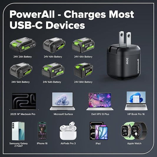 GREENWORKS 24V 1/2" Brushless Cordless Drill (400 In-lbs.), 2.0Ah (12,000mAh Power Bank) USB-C Batteries, 3.3 FT Braided Cable, 30W Charger