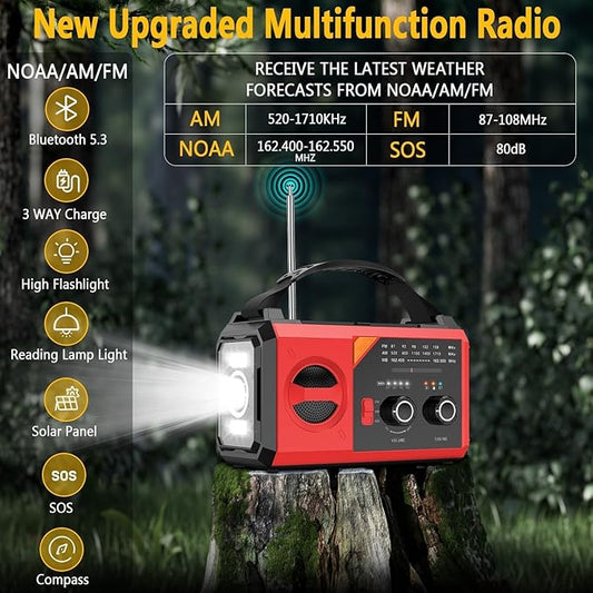 30000mAh Emergency Weather Radio with Wireless Speaker, 111000mWh NOAA/AM/FM Hand Crank Solar Radio with Flashlight Cell, Phone Charger, Compass, Reading Lamp, SOS Alarm