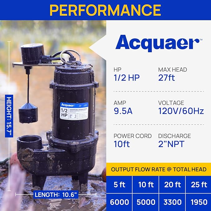 Acquaer 1/2HP Sump Pump Submersible, 6000 GPH Cast Iron Sewage Pump with Automatic Integrated Vertical Float Switch and Piggyback Plug, 2'' NPT Discharge Basements Pump for Sewers, Flood Zones