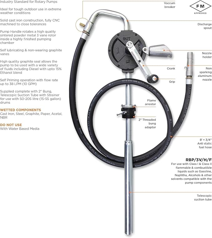 Groz 44082 Industrial Rotary Fuel Pump, with Steel Discharge Spout, Vacuum Breaker and 8' Discharge Hose