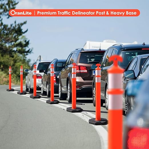 Traffic Delineator Post Cones with Heavy-Duty Octagonal Rubber Base, Channelizer Post Kit for Road Construction Work, Traffic Guidance, Garage Parking, Crowd Control (3, 45")