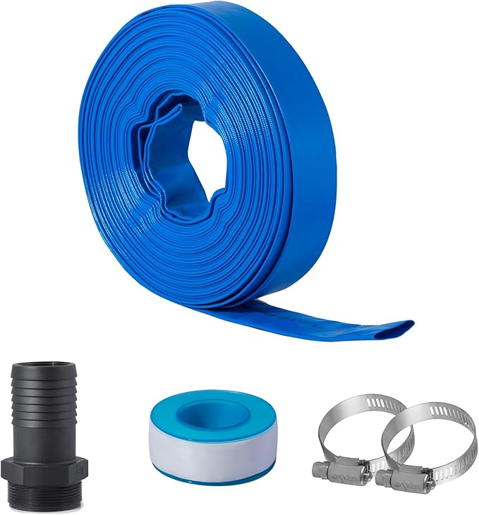 Eastrans 2 in x 50 ft Pool Backwash Hose Kit with Male NPT Adapter,Heavy Duty Discharge Pump Hose for Swimming Pool,Reinforced Pool Drain Hose with 2 Clamps and Thread Seal Tape,6 Bar
