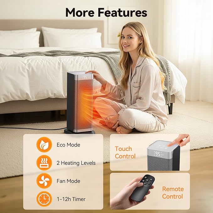 Space Heaters for Indoor Use, 1500W Electric Heater with Thermostat, 70ยฐ Oscillation, Remote Control, 3 Modes, 12H Timer, Portable Heater for Bedroom, Office, Home
