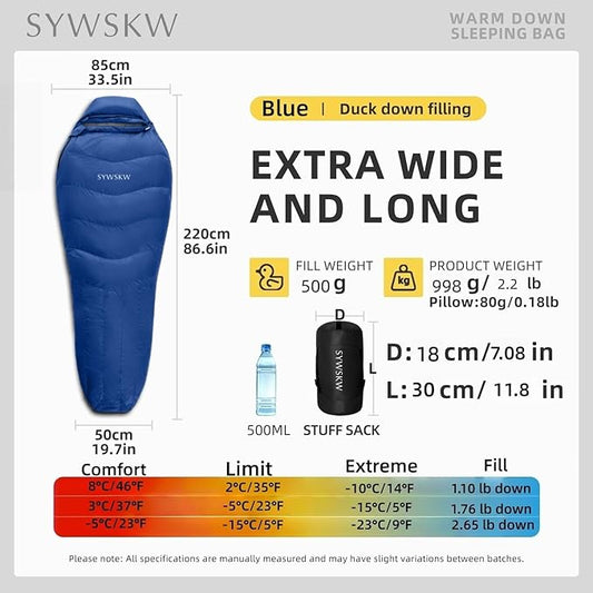 Down Sleeping Bag with Pillow for Backpacking,15℉ 5℉ 0℉ Wide Down Sleeping Bag (86.6 in x 33.5 in) for Adults,Teens,Youth Camping and Hiking Outdoor with 680FP Duck Down