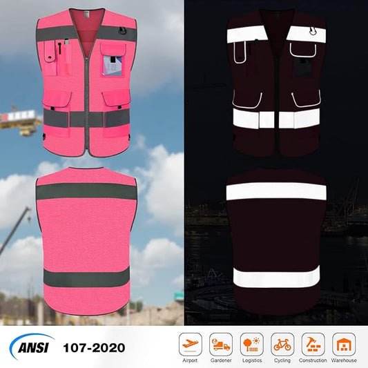 TCCFCCT Mesh Reflective Safety Vest 9 Pockets High Visibility Vest for Men Women, Hi Vis Reflective Work Vest for Safety, Meets ANSI/ISEA Standards, (Pink, XX-Large)