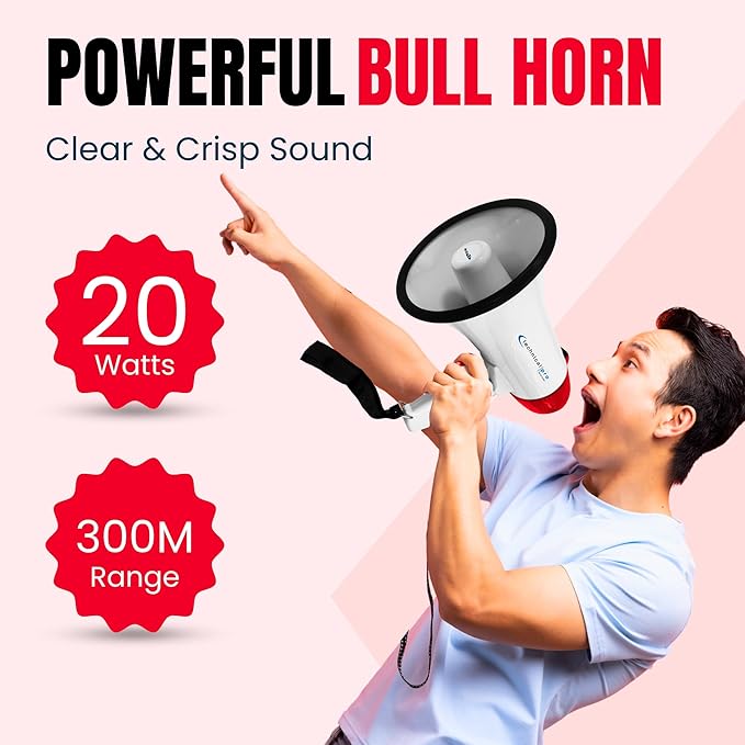 Technical Pro 20 Watts Lightweight Portable 300M Range Megaphone Bullhorn with Strap, Siren, and Volume Control, Good for Trainers, Soccer, Football, Baseball, Coaches