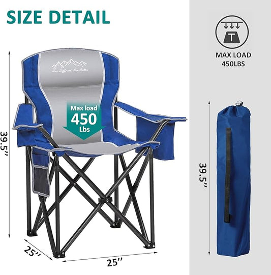 Folding Camping Chair Portable Outdoor Heavy Duty Padded Chairs Lawn Chair with Cup Holder, Storage Pocket and Cooler Bag, Supports 450LBS Blue