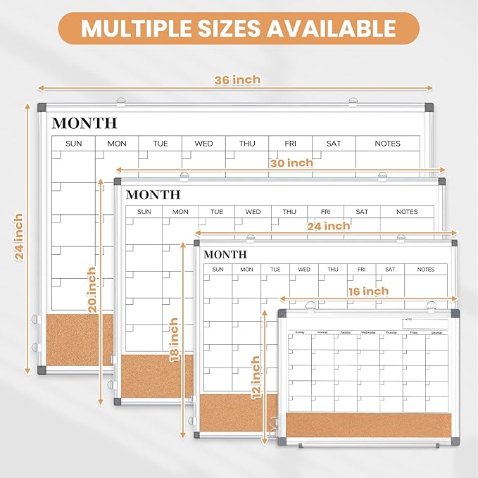 Monthly Dry Erase Calendar Whiteboard for Wall, 16" x 12" Double-Sided Small Calendar White Board, Framed White Board Cork Board Combo, Portable Dry Erase Board for Office, Kitchen, School, Home