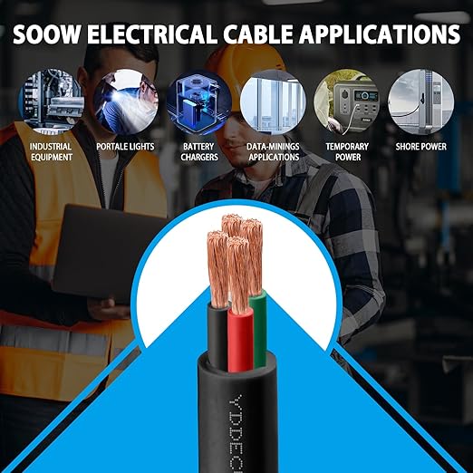50ft 8/4 8 AWG Portable Power Cable (4 Conductor) - SOOW 600V 8 Gauge Electric Wire for Motor Leads, Portable Lights, Battery Chargers and Machinery - 4 Conductor - 50 Feet Electrical Cord