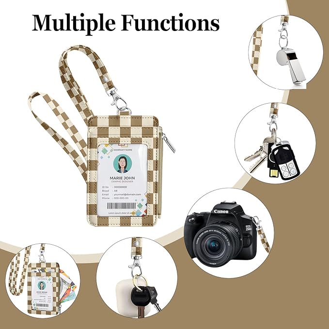 bolimoss Checkered Lanyard Wallet with ID Badge Holder Breakaway Neck Lanyard, Pu Leather Zip Id Case Wallet with Zipper Pocket for Women Office Worker Teacher Student Nurse