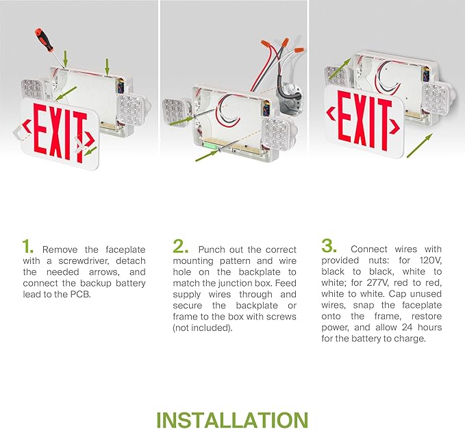 ASD LED Exit Sign with Battery Backup & Square Rotatable Heads - 120-277V UL 2.2W Double Face Emergency Exit Light for Business, Commercial Damp Location Power Outage Lights, Red, 6 Pack