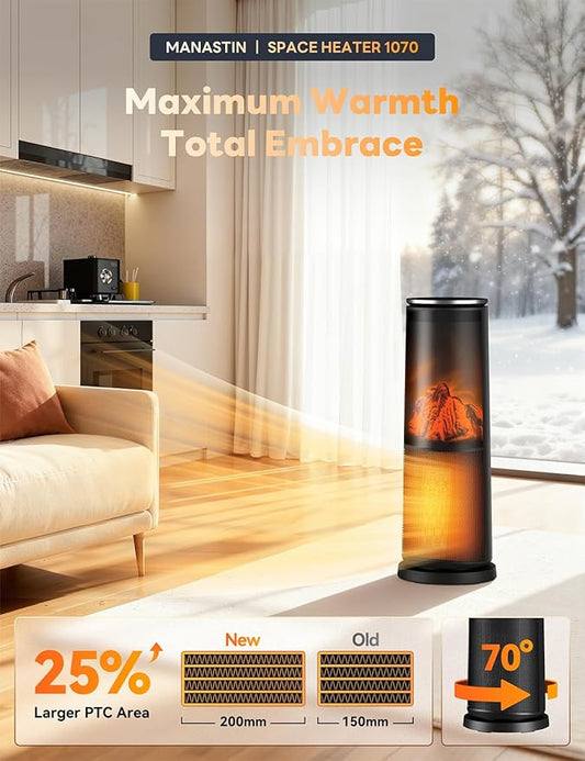 Manastin Space Heaters for Indoor Use, 120° Oscillation Electric Heater with Remote, Adjustable Thermostat, Flame Effect, 24H Timer, Safety Protection, Portable Heater for Large Room, Office