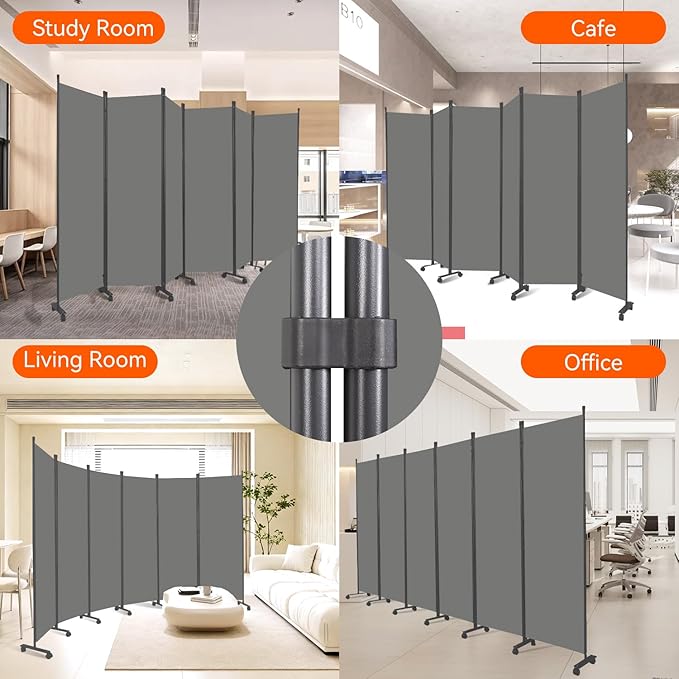 Room Divider 132''W Wall Divider for Room Partition (Heavy Duty Base) 6 Panel Partition Room Dividers, Freestanding Room Divider Screen Separation W/Wheel Folding Privacy Screen Panel Space Separator