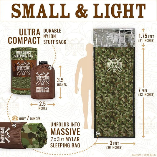 Don’t Die in The Woods - Survival Bivy - Emergency Sleeping Bag with Hood - Made with Extra-Thick Space Blanket Thermal Mylar - One of The 10 Essentials for Hiking, Camping, First Aid Kits