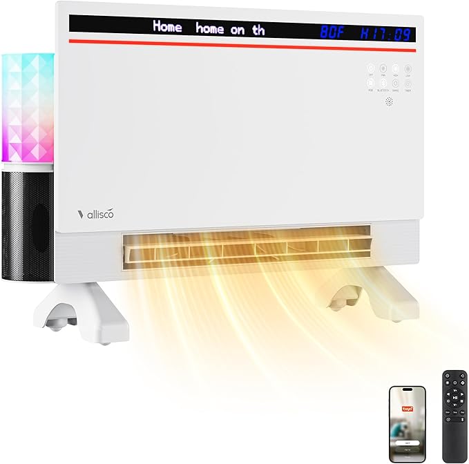 Smart Electric Space Heater with Bluetooth Speaker & RGB Light, App/Remote/Touch Control, Freestanding/Wall Heater, 2 Heat & 2 Fan Modes for All-Season Indoor Use, 110° Oscillating, Works with Alexa