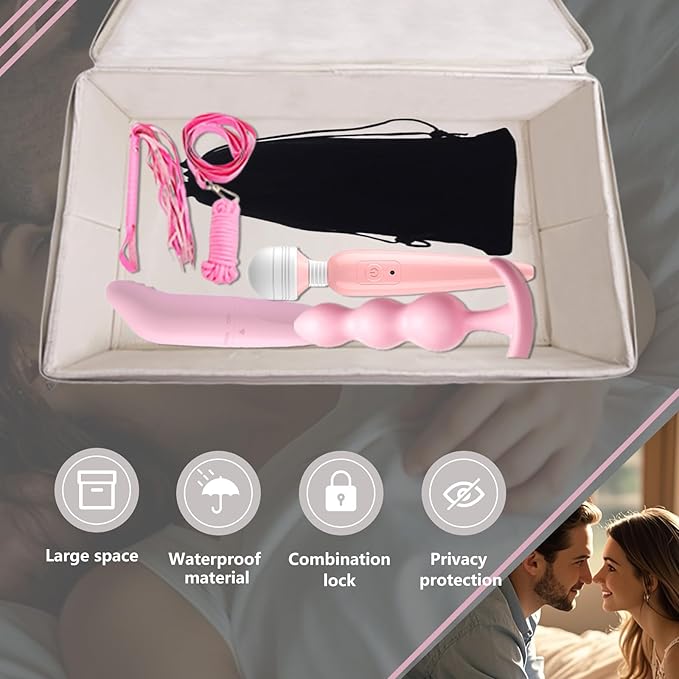 Locking Adult Game Toy Storage Organizer Lock Box Toy Storage Bins Women and Men Game Toys Storage Bags with 4 Drawstring Bags, Large capacity 16 x 11.8 x 8.2 Inches (Off White)