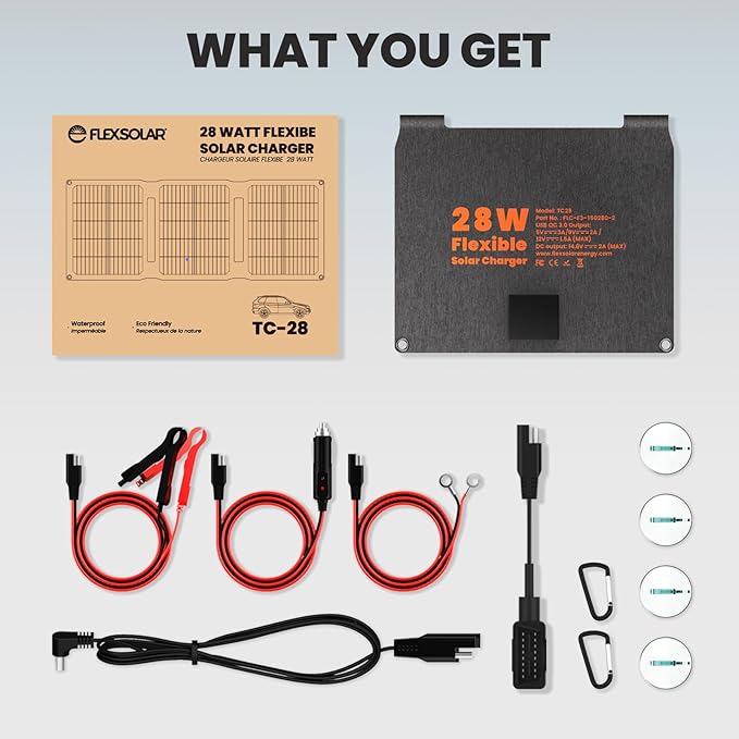 FlexSolar 28W Foldable Solar Panel Trickle Charger Maintainer Kits - 12V DC & QC3.0 USB Output with Built-in Controller, Includes Cigarette Lighter, Alligator Clips, O-Rings,OBDII Connector