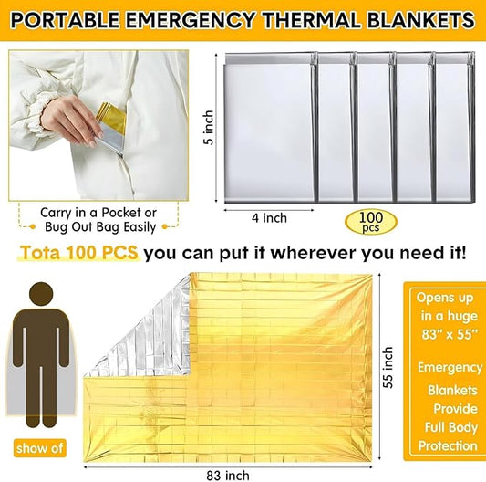 100 Pcs Emergency Blankets for Survival 83 x 55 Emergency Foil Thermal Reflective Space Blanket Bulk Waterproof Individually Wrap Survival for Car Camping Outdoor Homeless (Gold Silver)