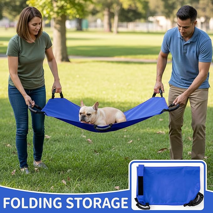Geiserailie Blue Transport Stretcher for Large Dogs with 6 Handles 47" L x 29" W Animal Folding Emergency Transport Carrier with Safety Strap, Max 250lbs