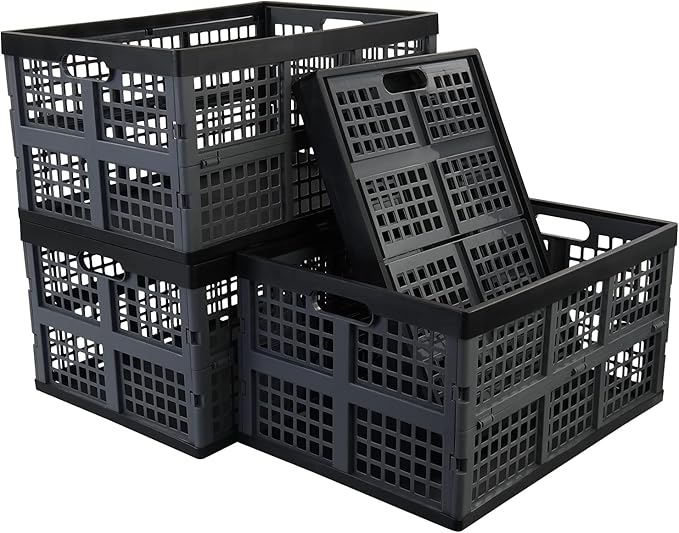 42 Liters Collapsible Storage Crate, Plastic Folding Crates, 4 Packs
