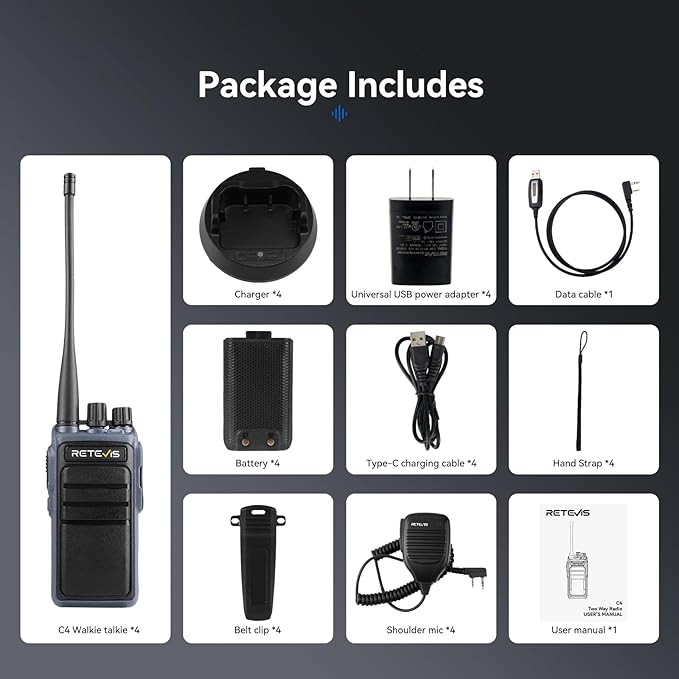 Retevis MateTalk C4 Handsfree Walkie Talkies with Mic,Smart Voice Control, Voice Activated, 2500mAh,USB-C,GMRS Repeater Capable,Professional Two Way Radio for Security Construciton Farm(4 Pack)