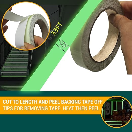 SWRT Glow in The Dark Tape 33FT x 1Inch, Long-Lasting Bright Fluorescent Glow Tape for Christmas Decor, Strong Adhesive Waterproof Glow in The Dark Stickers for Night Decorations, Stairs,Exit Sign