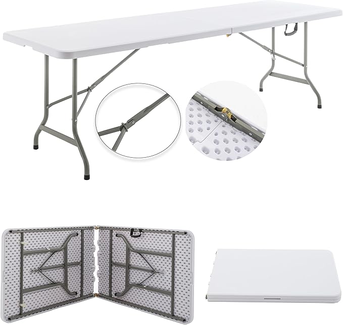 BTEXPERT 8-Foot - 96" Long White Plastic Folding Table Portable 30" Wide, 29" High, Indoor Outdoor Events Banquet Dining Party Patio