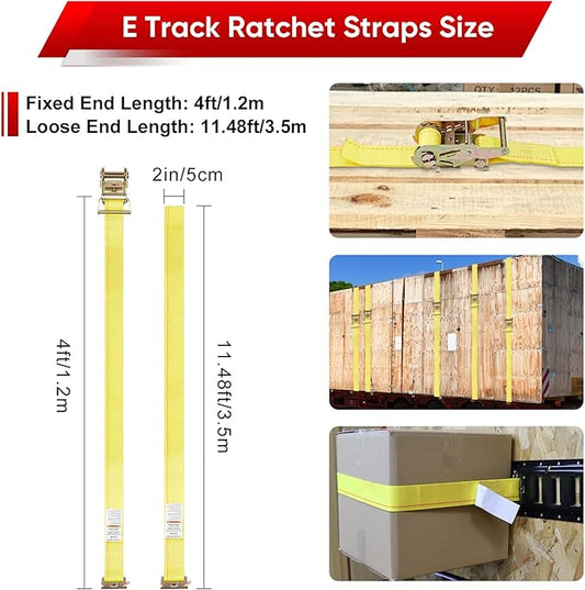 8-Pack E-Track Ratchet Straps, 4,400 LB Breaking Strength, 2" x 15' E-Track Tie Downs-2 Inch x 11.48 Feet ETrack Straps with 4 Feet Fixed End and Spring E-Fittings Yellow Logistic Ratchet Straps