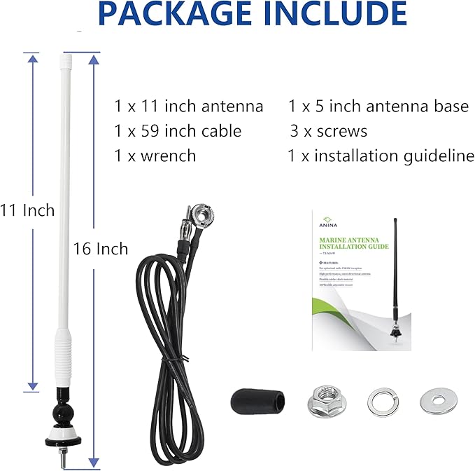 Anina 16 Inch Marine Trailer RV Radio Antenna Rubber Flexible Aerial Mast for Car Truck Boat ATV UTV Caravan Motorhome Motorcycle Radio FM/AM Reception Top Or Side Mount Rubber Antenna (White)