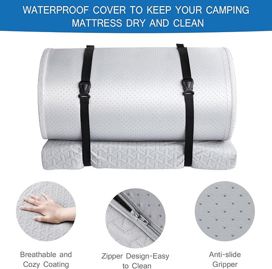 Memory Foam Camping Mattress Pad 3 Inch Thick, Portable Sleeping Pad with Waterproof Cover, Portable Roll Up Cot Mattress Pad Floor Mat for Travel Truck Bed Tent, 72"×24"×3", Gray