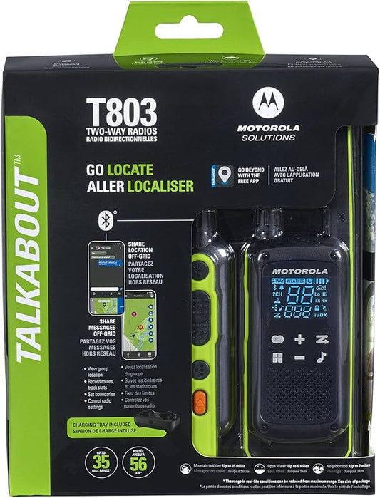 Motorola Solutions T803 Waterproof IP54 Two Way Radio Walkie Talkie 35 mi. Bluetooth w/Charging Dock 2-Pack (Lime Green)