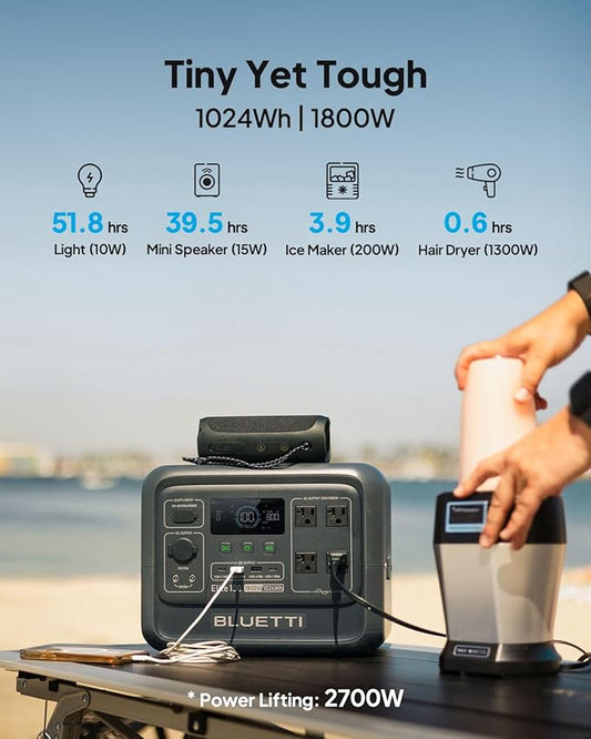 BLUETTI Elite 100 V2 Portable Power Station and Car Cable, 1024Wh LFP Battery Solar Generator w/ 4 1800W AC Outlets (3600W Surge) Backup, 35% Smaller for Camping, RV, Outages (Solar Panel Optional)