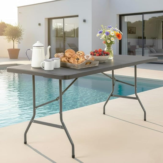 FDW 6FT Folding Table, Portable Fold-in-Half Plastic Picnic Party Table with Carrying Handle (Black, 6FT)