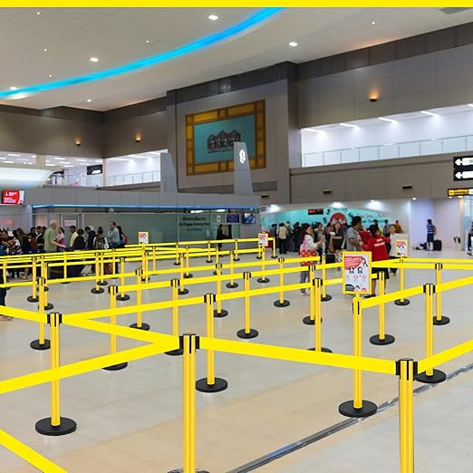 Therwen 6 Pack Heavy Duty Crowd Control Stanchions 9.8 ft Stainless Steel Stanchion Set with Safety Barrier Post Retractable Belt and Sign Holder Crowd Control Barrier(Yellow Belt, Yellow)
