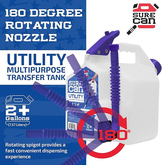 Surecan 2 Gallon Utility Container Transfer Tank - Versatile, Durable, Compact Outdoor Water Storage Tank and Beverage Dispenser (White, SUR-20-U-1)
